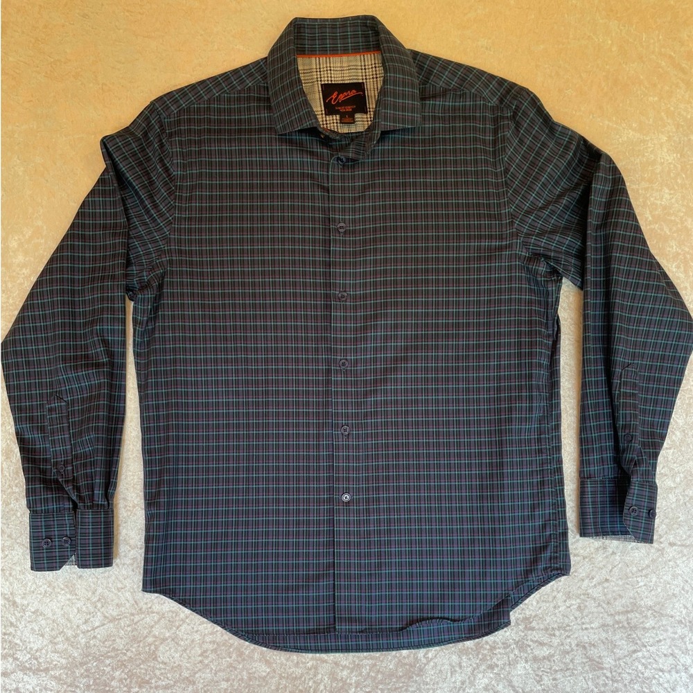 Egara Dress Shirt Mens Large Teal Purple Plaid Slim‎ Fit Stretch Non Iron EUC